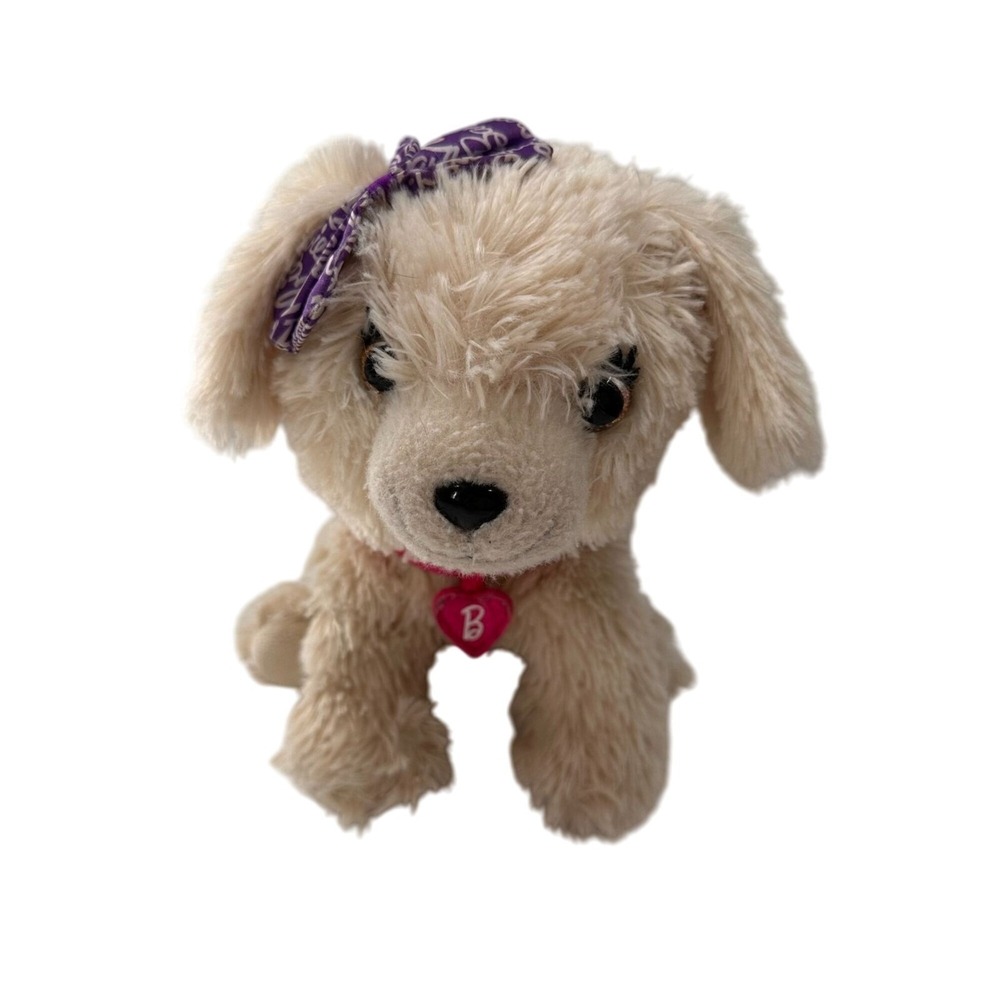 Mattel Barbie‎ Plush Puppy Toy Purple Bow Kiss Care Pet Vet Barking Beige 10"